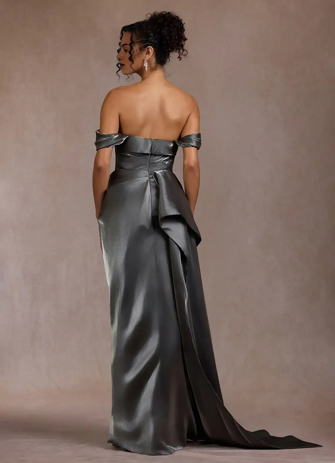 Mermaid V Neck Sleeveless Pleated Draped Gunmetal Floor Length Evening Dress