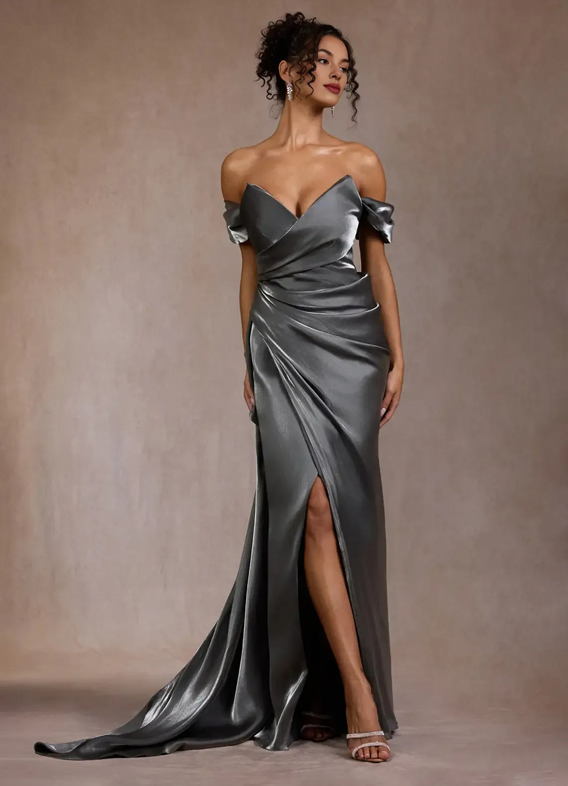 Mermaid V Neck Sleeveless Pleated Draped Gunmetal Floor Length Evening Dress