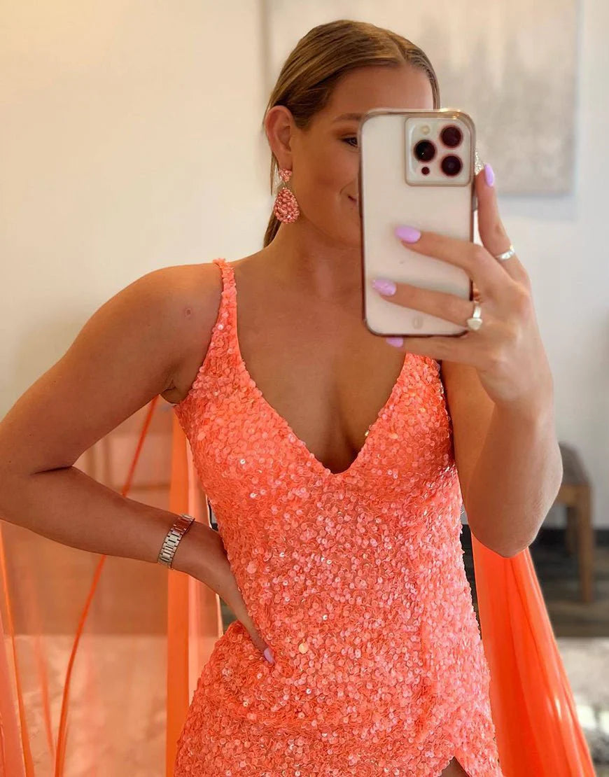 Mermaid V Neck Slit Sequin Orange Evening Dress With Streamer Custom