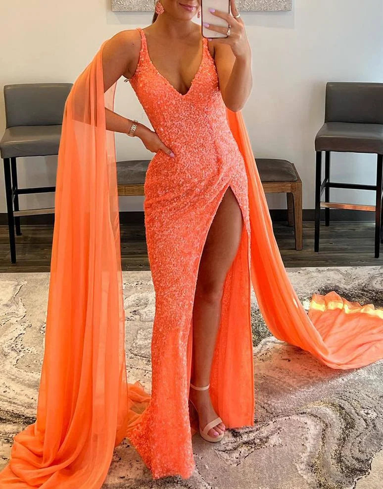 Mermaid V Neck Slit Sequin Orange Evening Dress With Streamer Custom