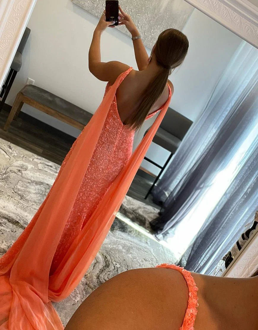 Mermaid V Neck Slit Sequin Orange Evening Dress With Streamer Custom