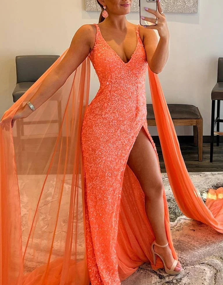 Mermaid V Neck Slit Sequin Orange Evening Dress With Streamer Custom