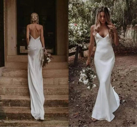 Mermaid V Neck Spaghetti Straps Backless Sexy Wedding Dresses Boho Rustic Bride Dress For Women