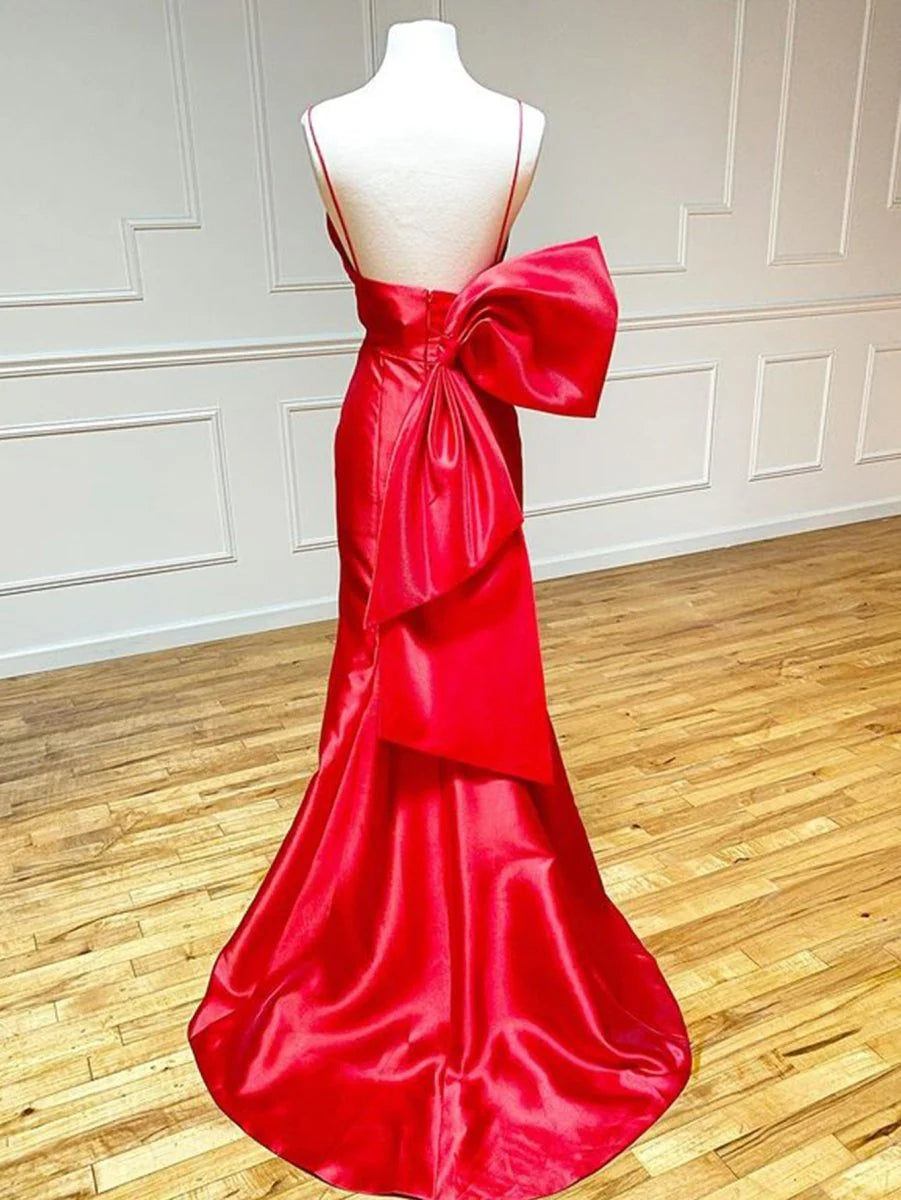 Mermaid V Neck Spaghetti Straps Satin Red Long Evening Dress With Bow