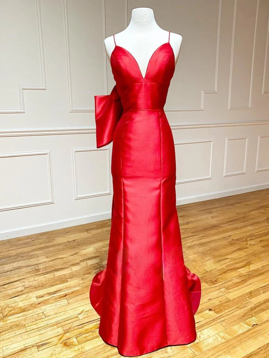 Mermaid V Neck Spaghetti Straps Satin Red Long Evening Dress With Bow