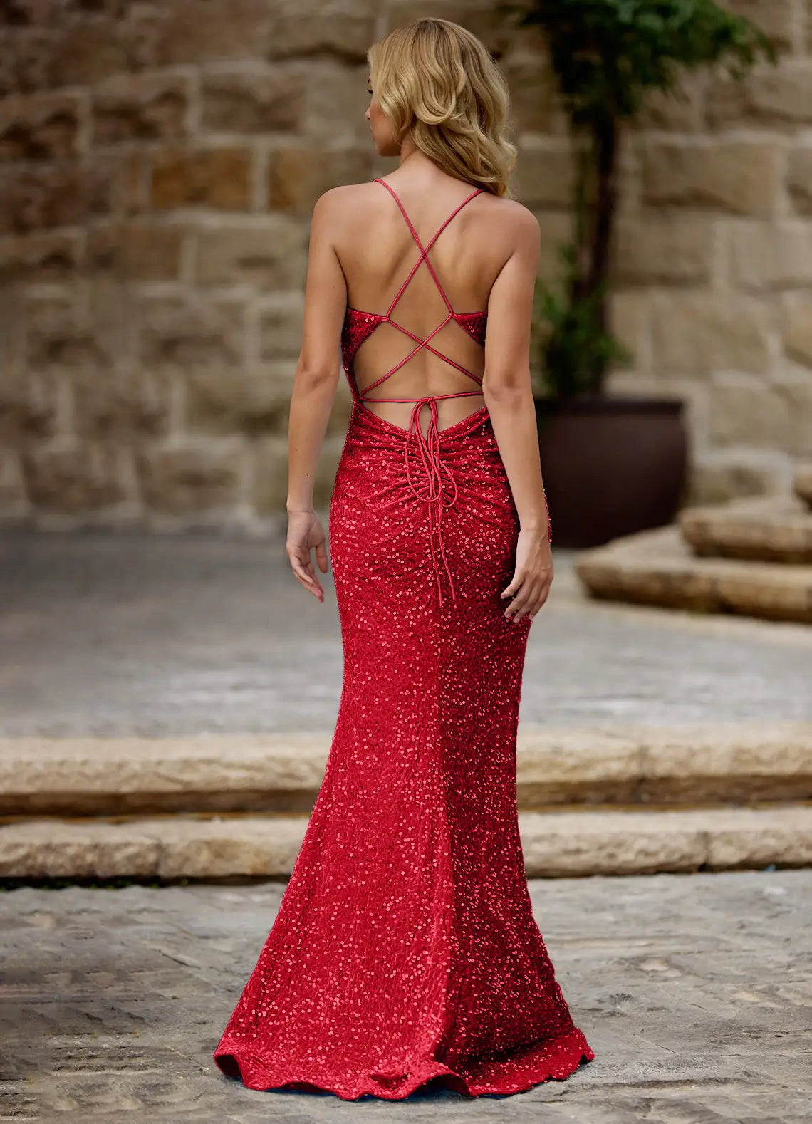 Mermaid V Neck Spaghetti Straps Velvet Sequins Red Prom Dress With Slit