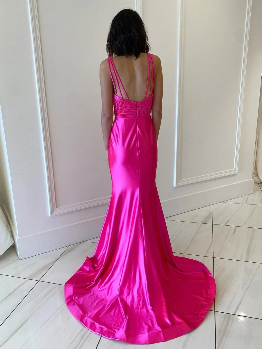 Mermaid V Neck Twisted Knot Backless Satin Pink Long Evening Dress