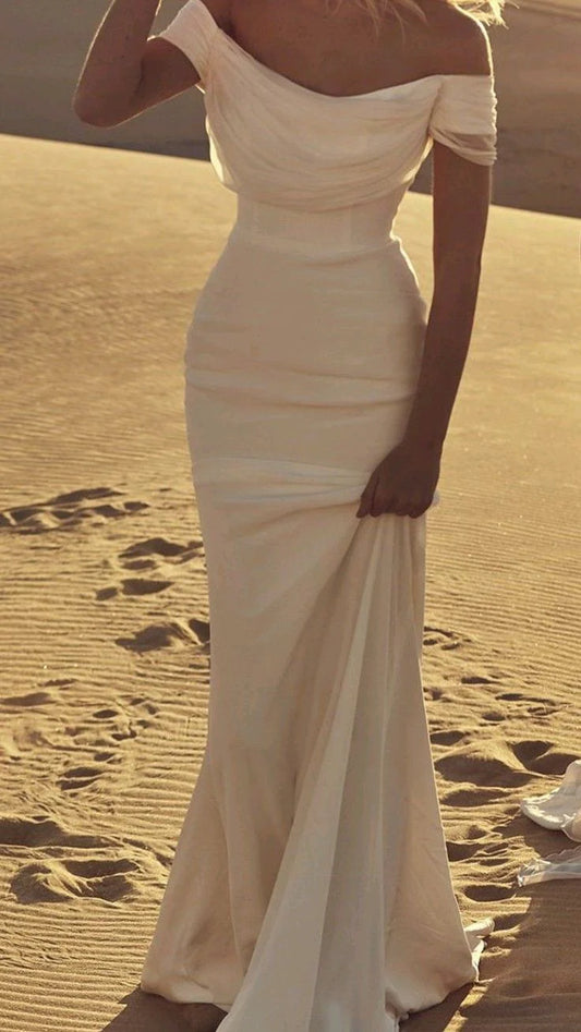 Mermaid White Draped Neck Tulle Pleated Dress Off the Shoulder Discount Floor Length Wedding Dress