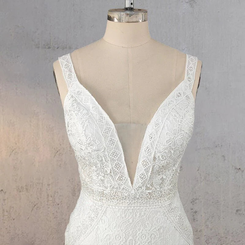 Mermaid White Lace Appliqued V Neck Sleeveless Open Back Wedding Dress With Sweep Train