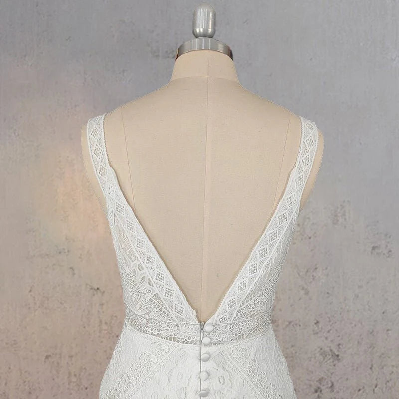 Mermaid White Lace Appliqued V Neck Sleeveless Open Back Wedding Dress With Sweep Train