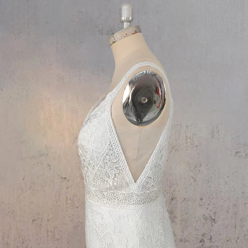 Mermaid White Lace Appliqued V Neck Sleeveless Open Back Wedding Dress With Sweep Train