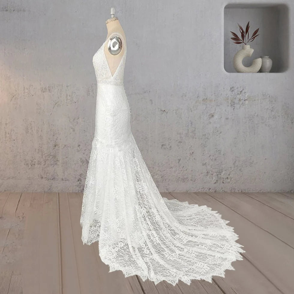 Mermaid White Lace Appliqued V Neck Sleeveless Open Back Wedding Dress With Sweep Train