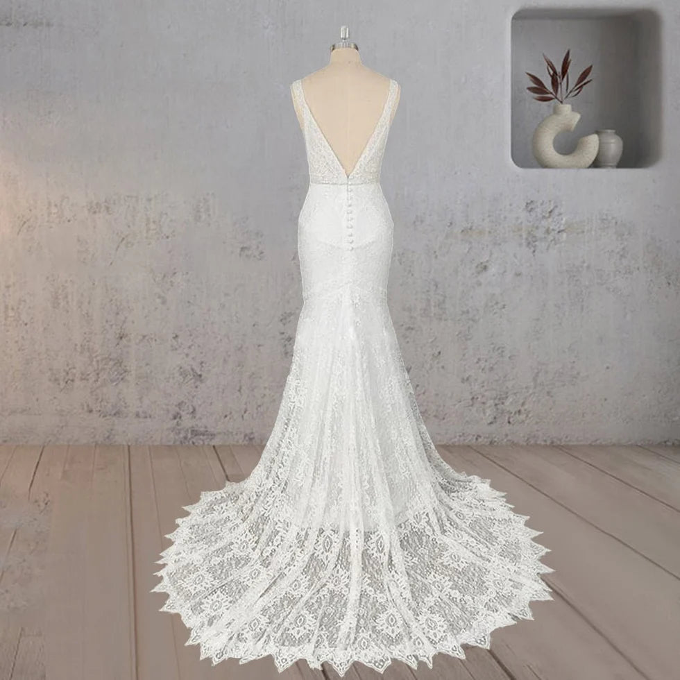 Mermaid White Lace Appliqued V Neck Sleeveless Open Back Wedding Dress With Sweep Train