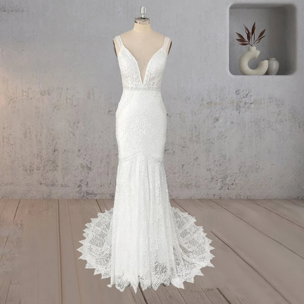 Mermaid White Lace Appliqued V Neck Sleeveless Open Back Wedding Dress With Sweep Train