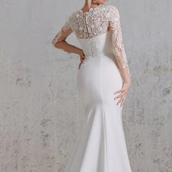 Mermaid White Lace Appliques Beaded Scoop Neck Long Sleeves Wedding Dress Button Back