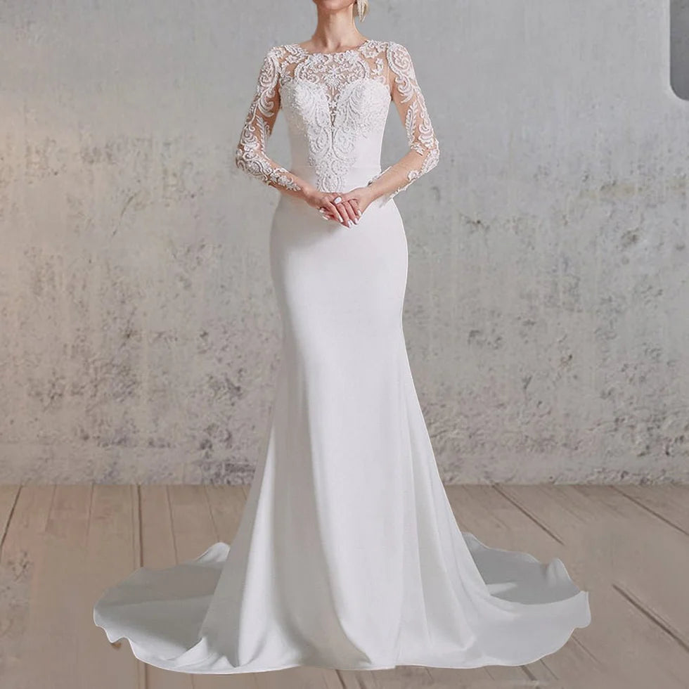 Mermaid White Lace Appliques Beaded Scoop Neck Long Sleeves Wedding Dress Button Back