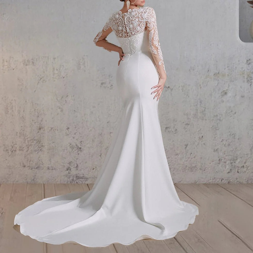 Mermaid White Lace Appliques Beaded Scoop Neck Long Sleeves Wedding Dress Button Back