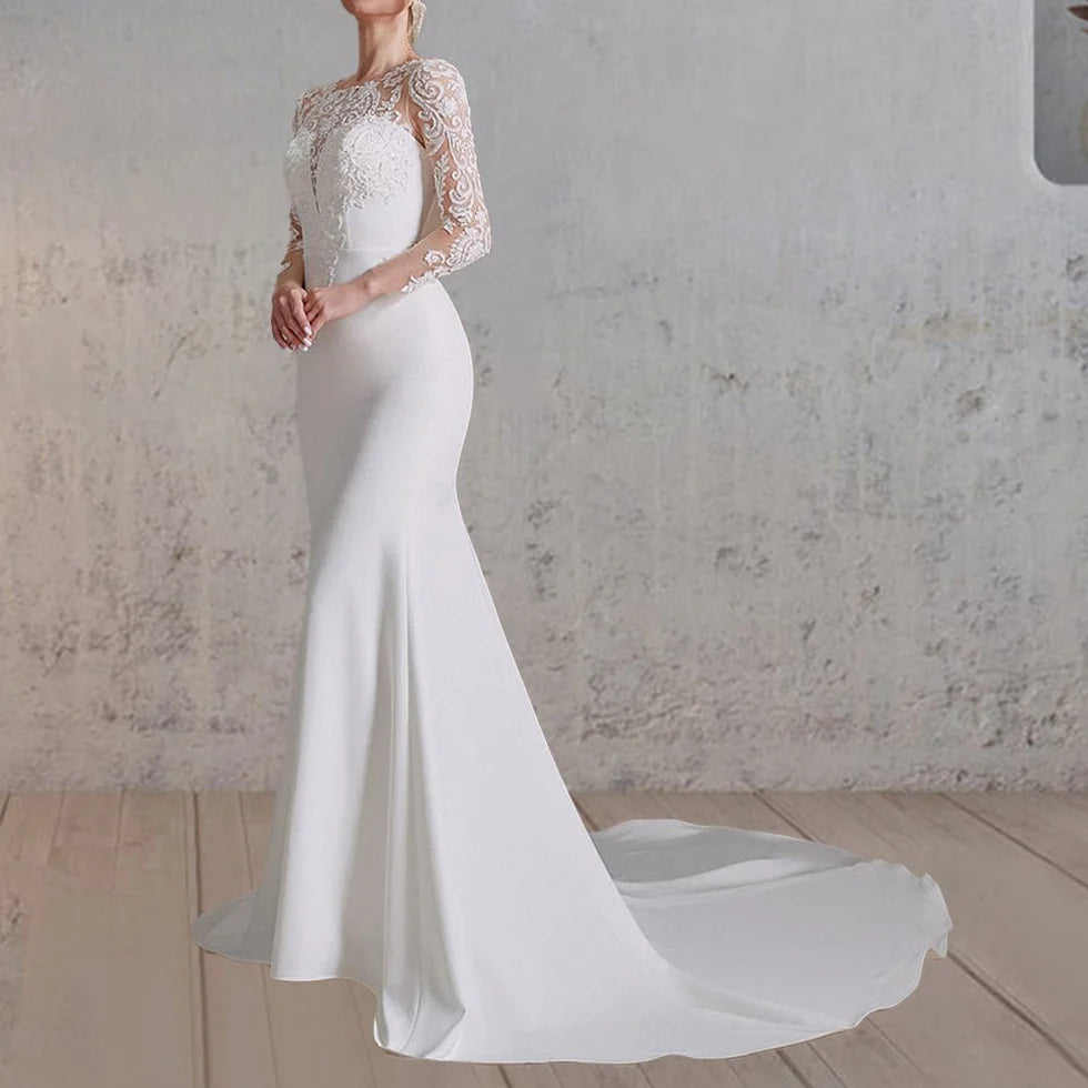 Mermaid White Lace Appliques Beaded Scoop Neck Long Sleeves Wedding Dress Button Back