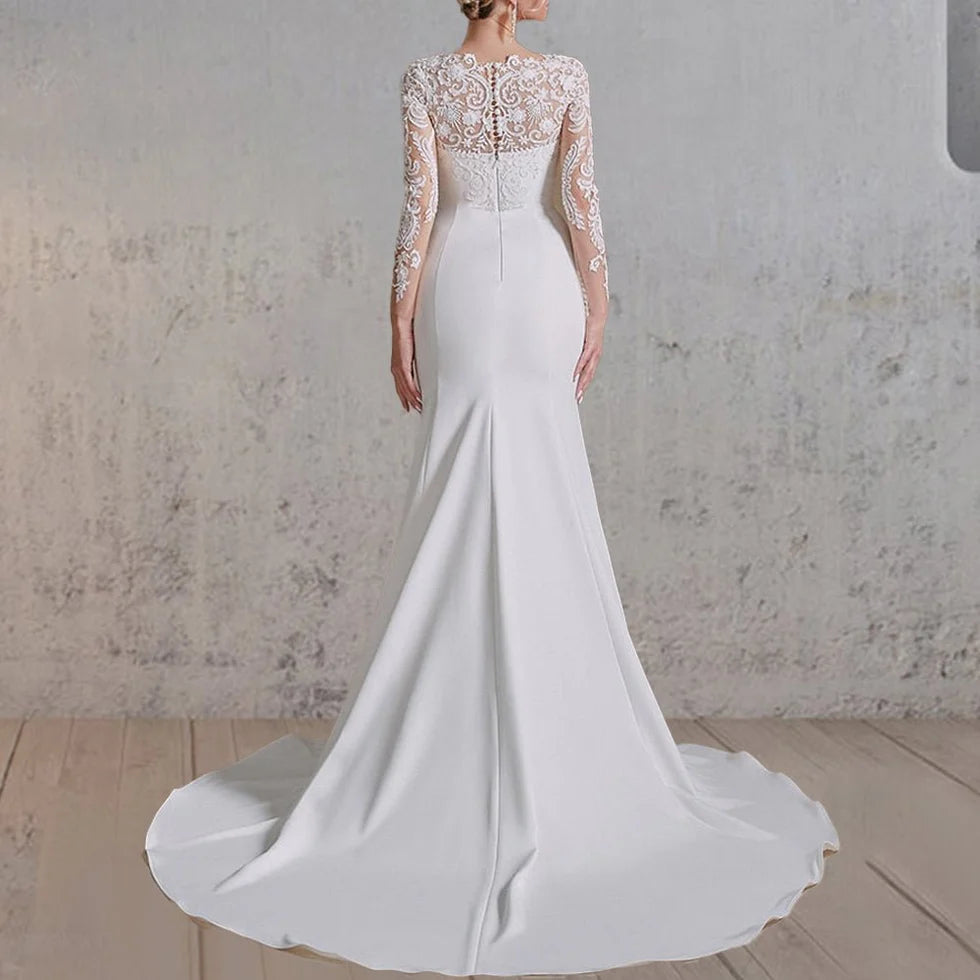 Mermaid White Lace Appliques Beaded Scoop Neck Long Sleeves Wedding Dress Button Back