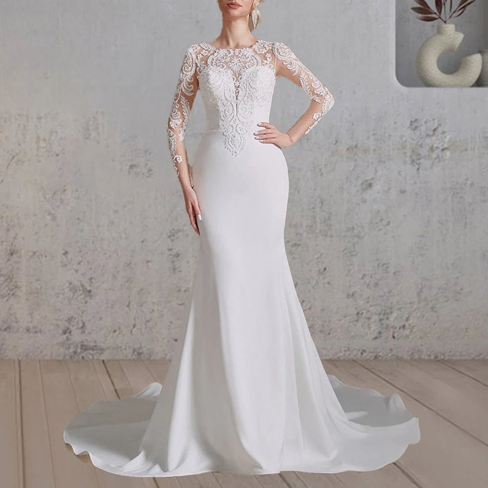 Mermaid White Lace Appliques Beaded Scoop Neck Long Sleeves Wedding Dress Button Back