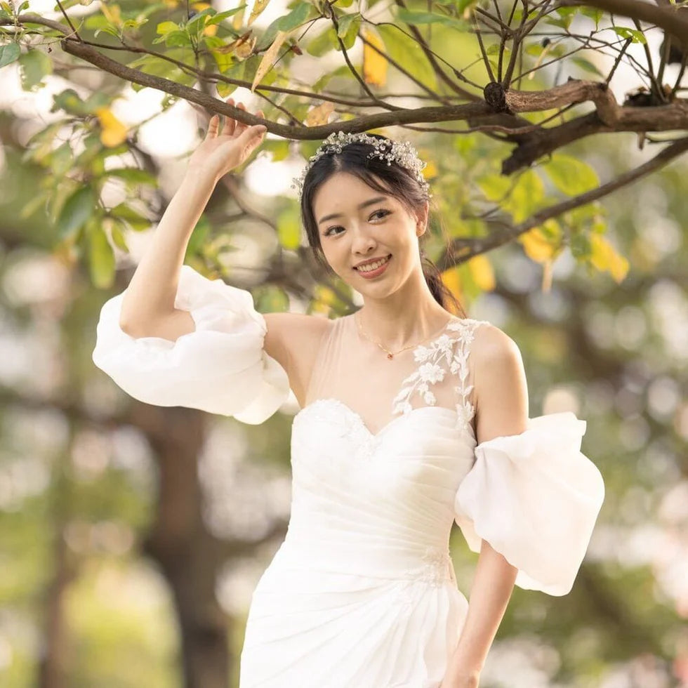 Mermaid White Lace Organza Pearl Applique Pleated One Shoulder Wedding Dresses With Sweep Train