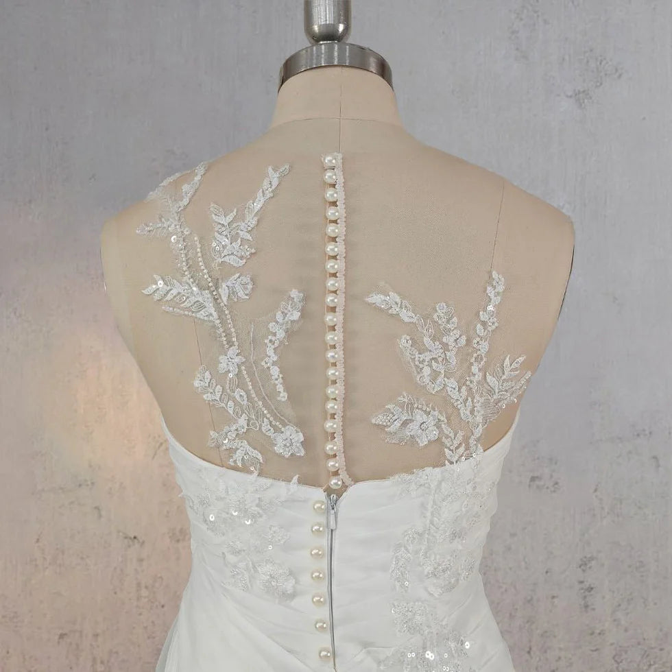 Mermaid White Lace Organza Pearl Applique Pleated One Shoulder Wedding Dresses With Sweep Train