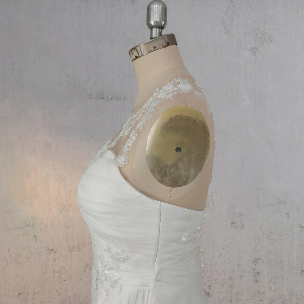 Mermaid White Lace Organza Pearl Applique Pleated One Shoulder Wedding Dresses With Sweep Train