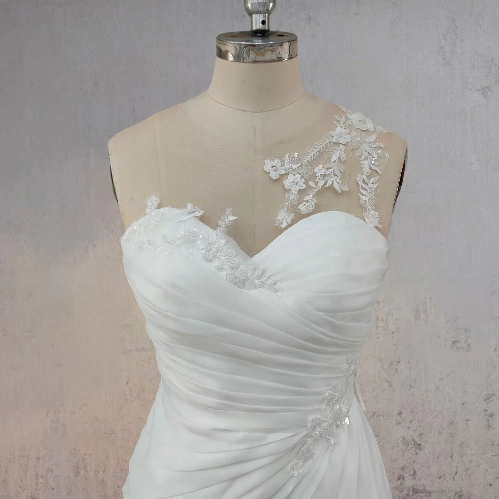 Mermaid White Lace Organza Pearl Applique Pleated One Shoulder Wedding Dresses With Sweep Train