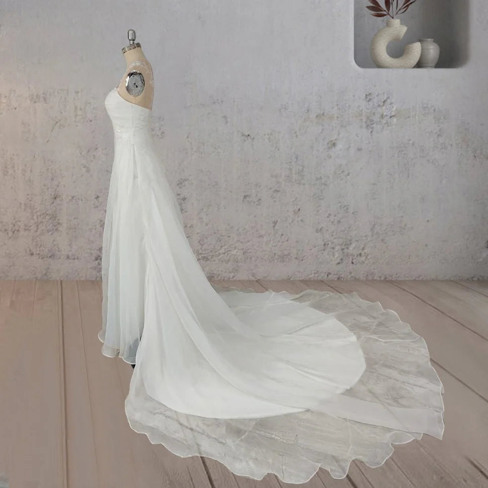 Mermaid White Lace Organza Pearl Applique Pleated One Shoulder Wedding Dresses With Sweep Train