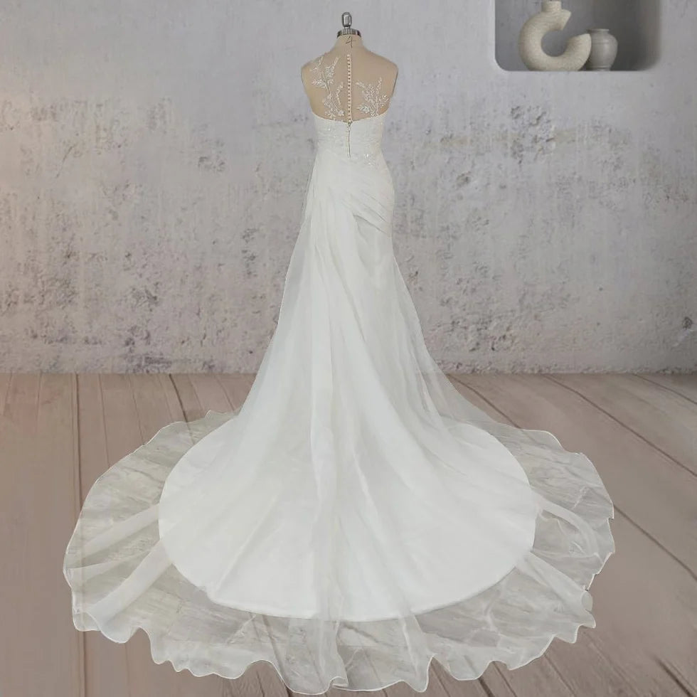 Mermaid White Lace Organza Pearl Applique Pleated One Shoulder Wedding Dresses With Sweep Train