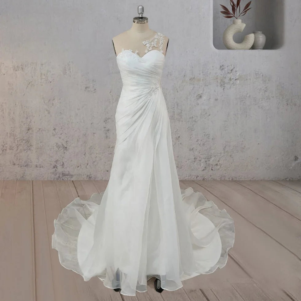 Mermaid White Lace Organza Pearl Applique Pleated One Shoulder Wedding Dresses With Sweep Train