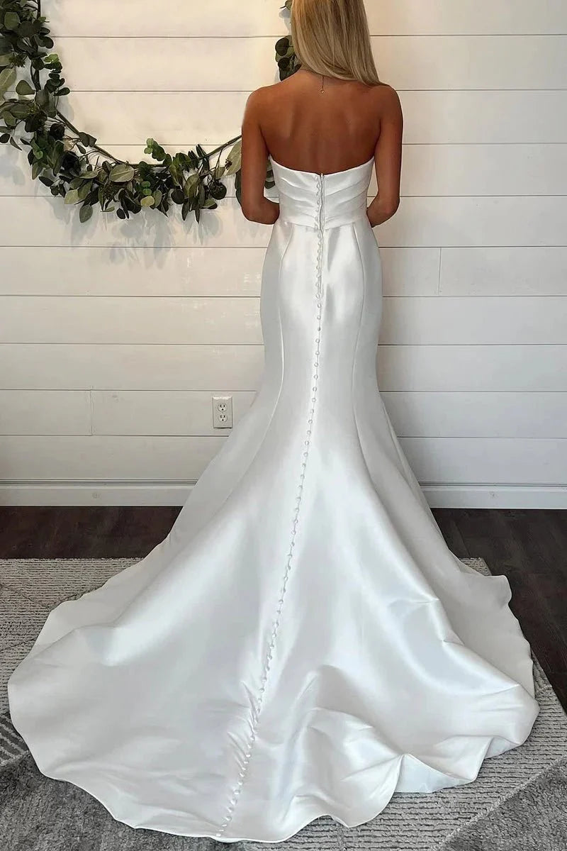 Mermaid White Satin Strapless V Neck Sleeveless Buttons Wedding Dresses With Sweep Train