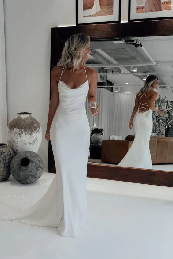 Mermaid White Wedding Dresses Halter Spaghetti Straps Satin Lace Bridal Wedding Gown With Train