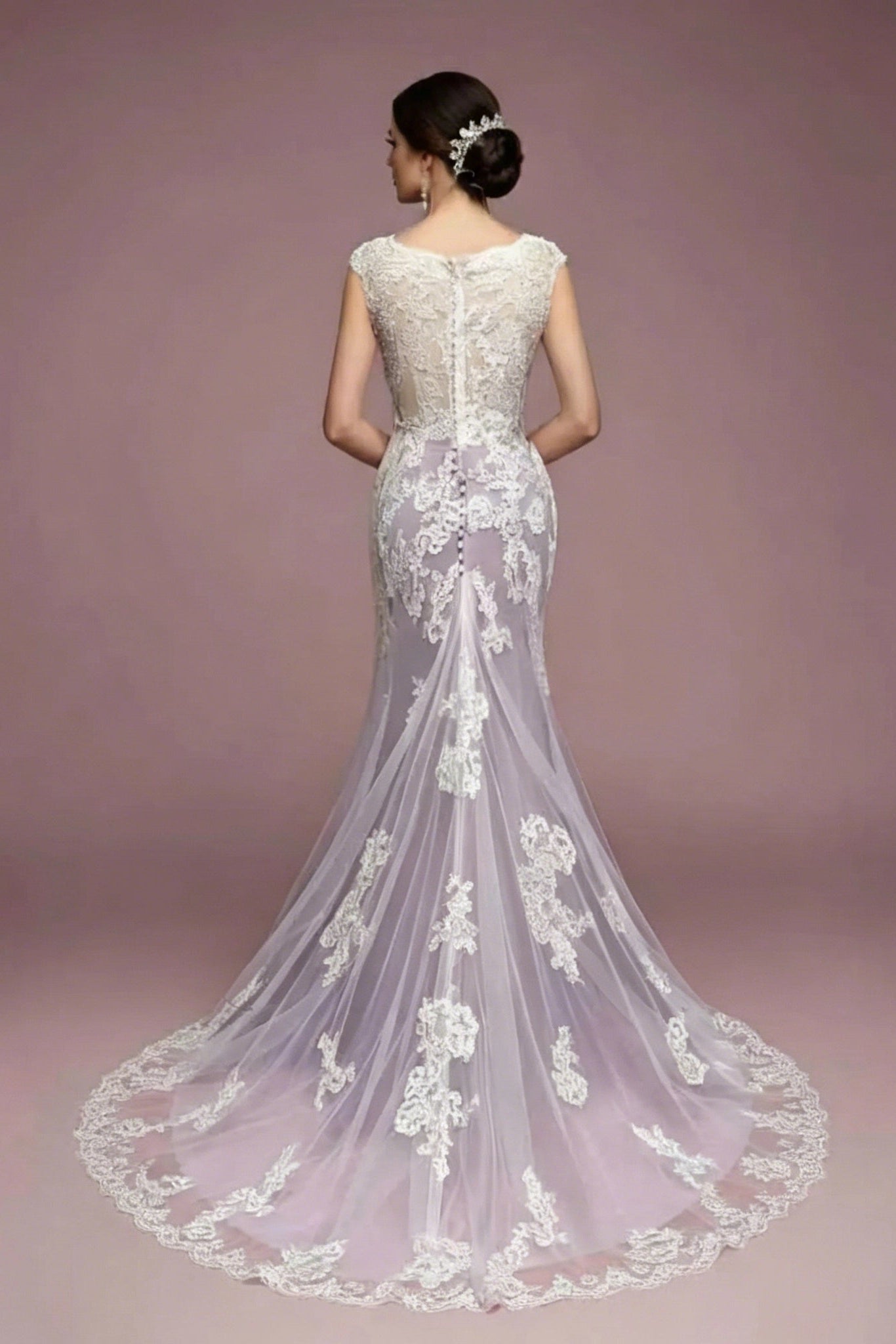 Mermaid Round Neck Cap Sleeve White Lace Applique Lavender Train Prom Dress