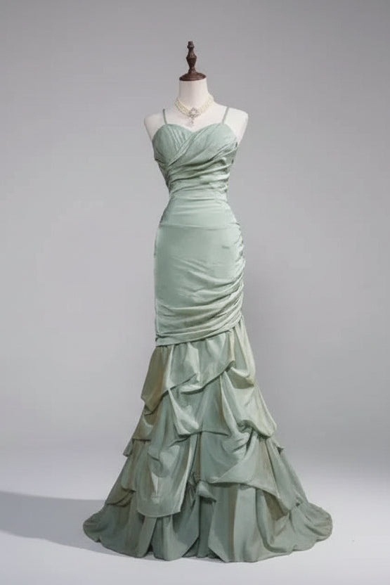 Mermaid Spaghetti Straps Ruched Ruffles Sage Long Prom Dress Hot Sale