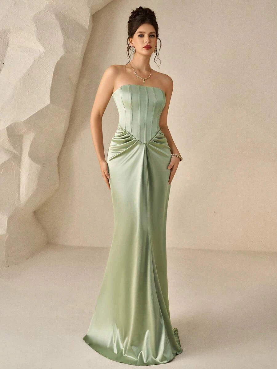 Mermaid Strapless Corset Draped Waist Sage Green Floor-Length Prom Dress Hot Sale