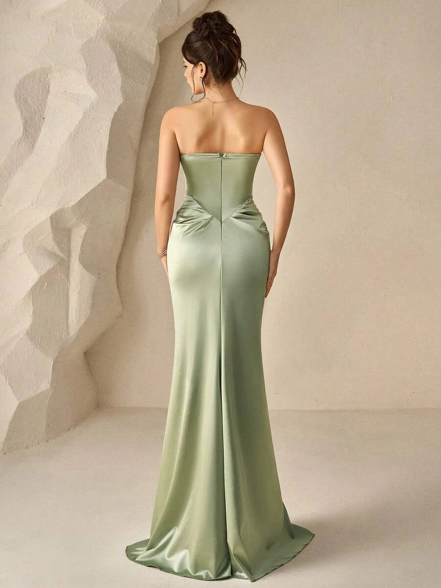 Mermaid Strapless Corset Draped Waist Sage Green Floor-Length Prom Dress Hot Sale