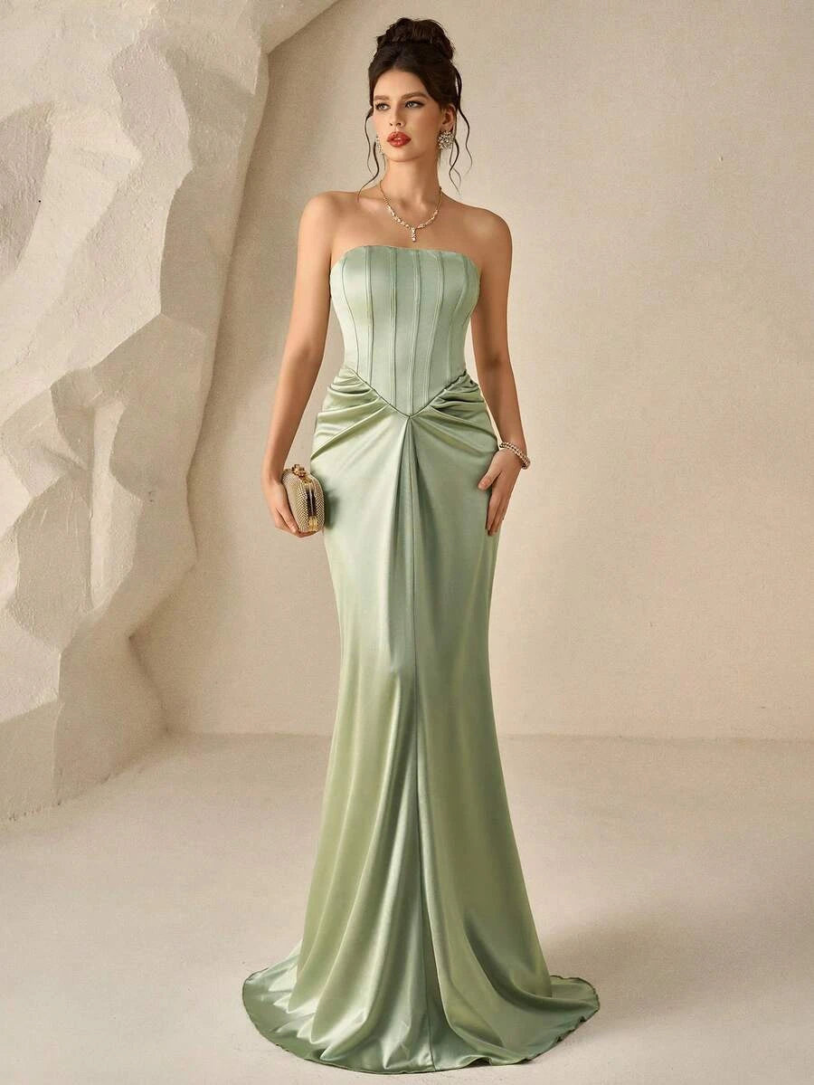 Mermaid Strapless Corset Draped Waist Sage Green Floor-Length Prom Dress Hot Sale