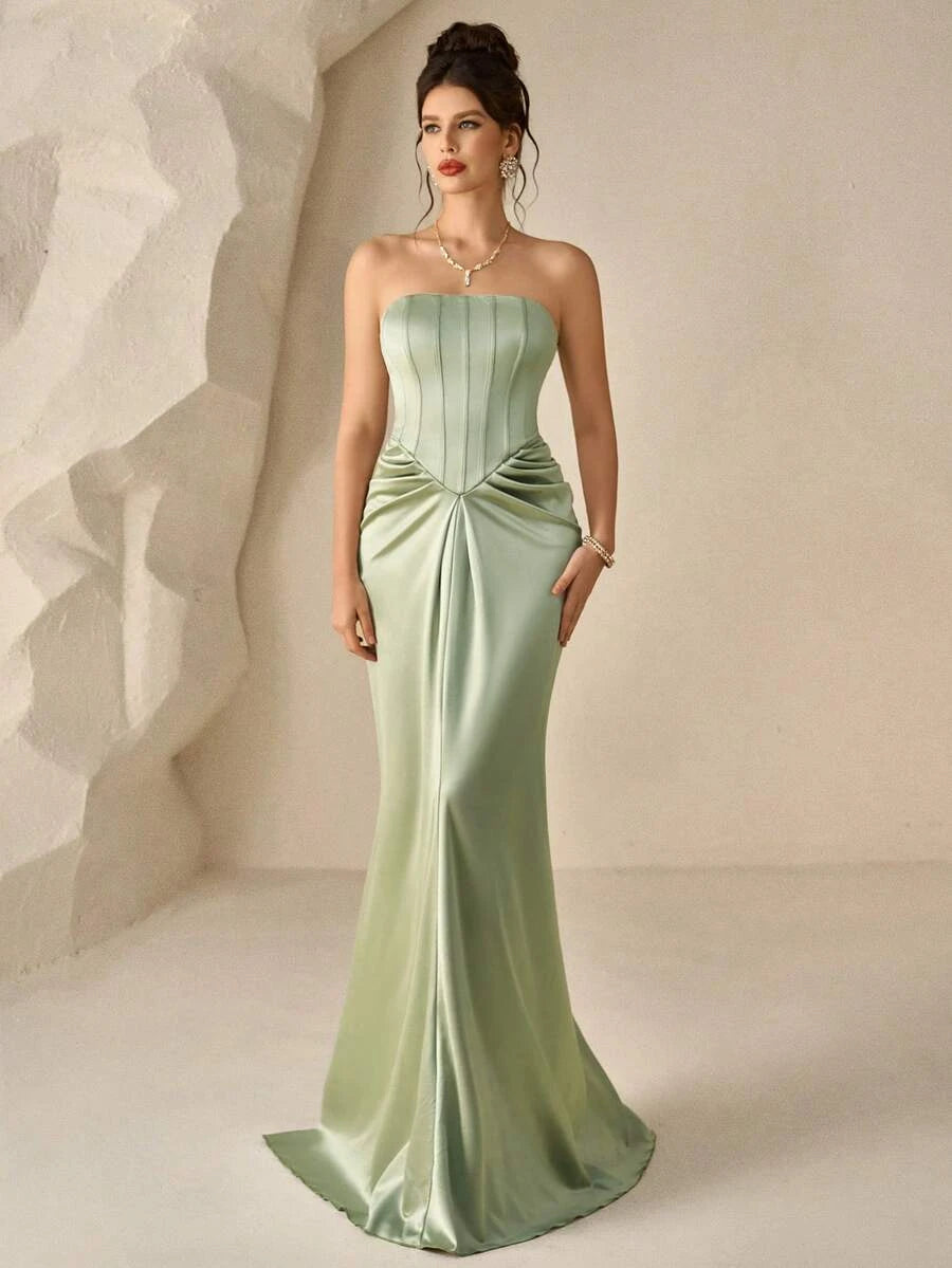 Mermaid Strapless Corset Draped Waist Sage Green Floor-Length Prom Dress Hot Sale