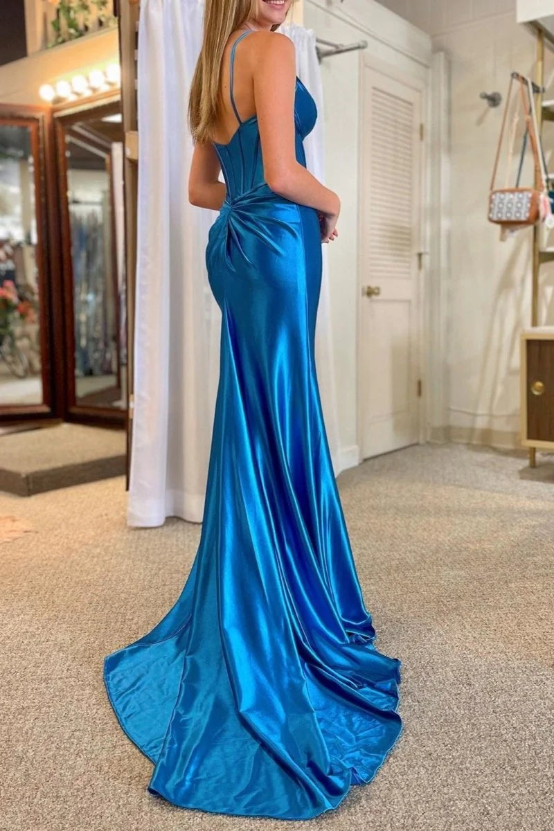 Mermaid V-Neck Spaghetti Strap Corset Satin Blue Evening Dress With Slit