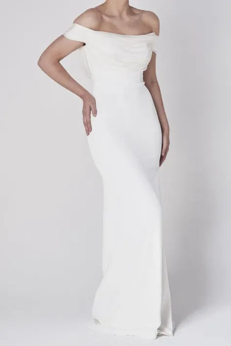 Mermaid White Draped Neck Tulle Pleated Dress Off the Shoulder Discount Floor Length Wedding Dress