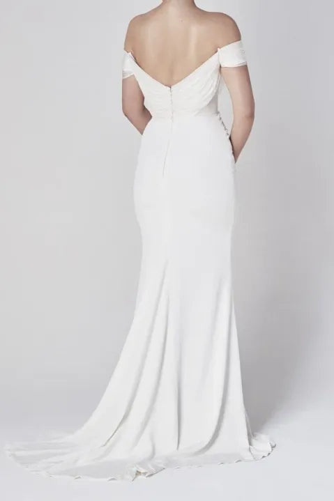 Mermaid White Draped Neck Tulle Pleated Dress Off the Shoulder Discount Floor Length Wedding Dress