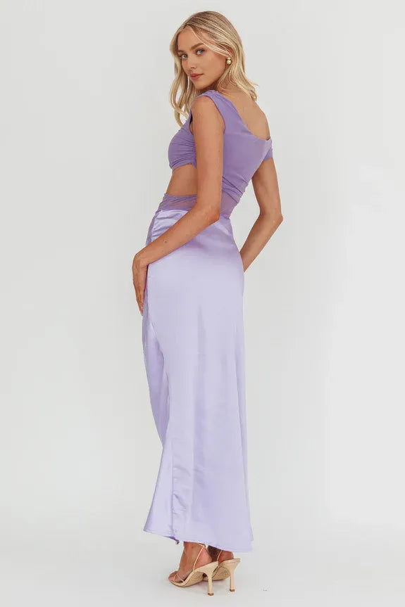Mesh Bodice Bias Cutout Satin Lilac Maxi Homecoming Dress Prom Dress For Ladies