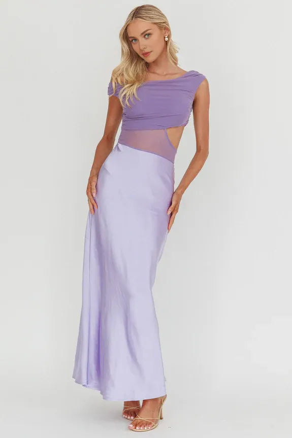 Mesh Bodice Bias Cutout Satin Lilac Maxi Homecoming Dress Prom Dress For Ladies