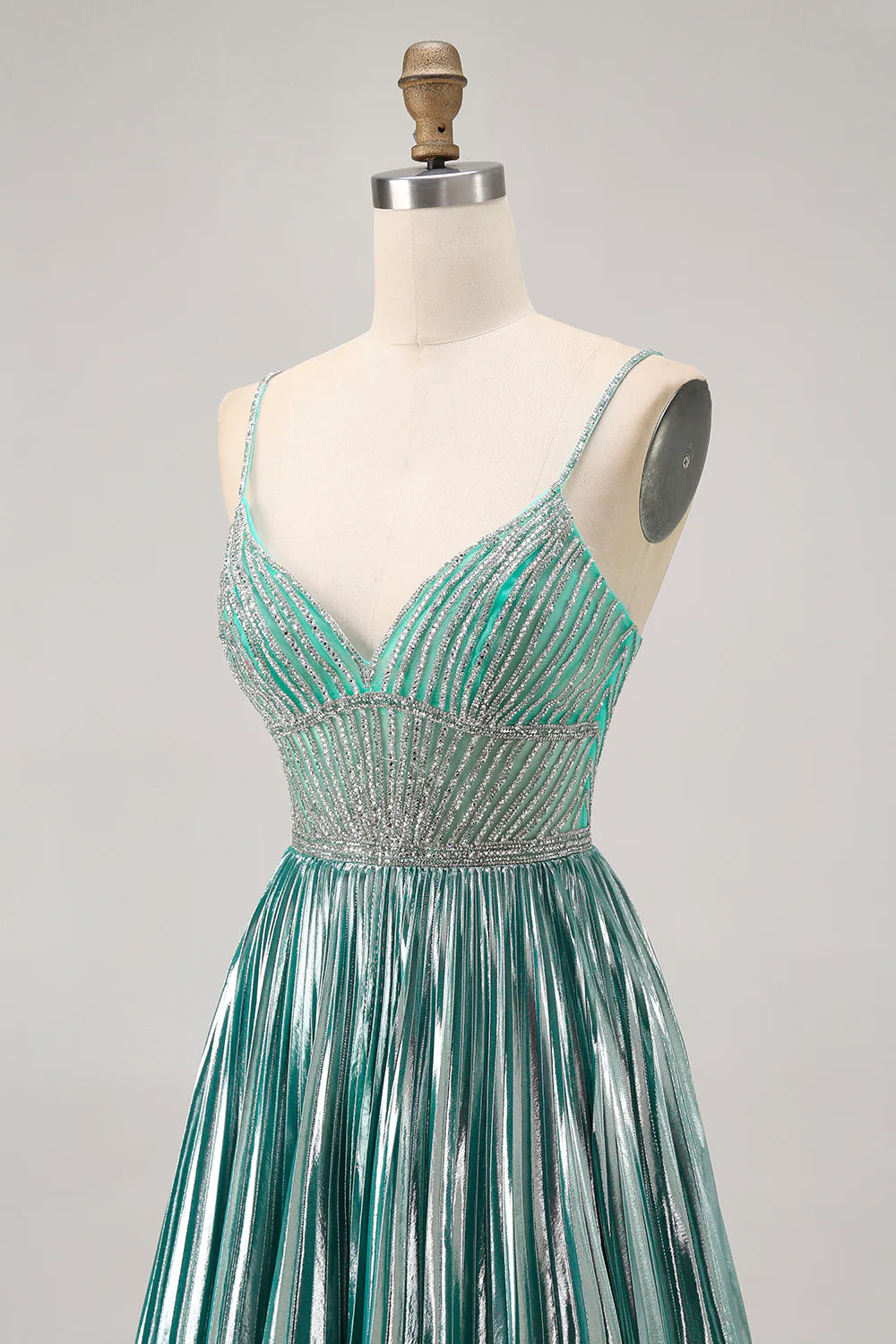 Metallic Satin Green Pleated V Neck A Line Spaghetti Straps Sequins Short Homecoming Dress