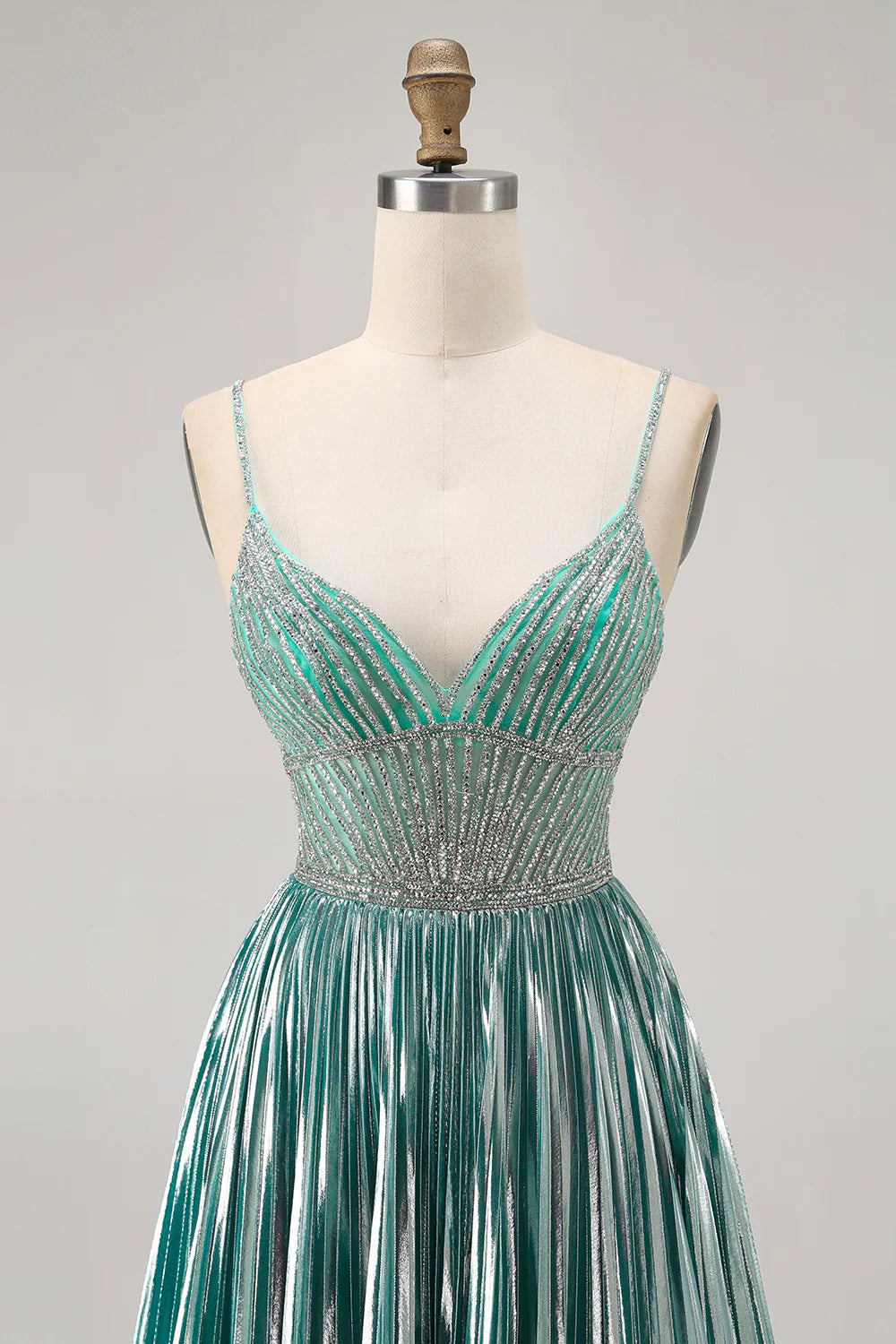 Metallic Satin Green Pleated V Neck A Line Spaghetti Straps Sequins Short Homecoming Dress