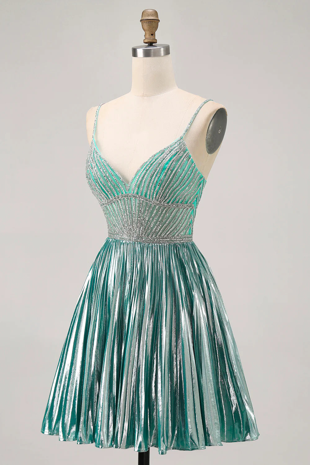 Metallic Satin Green Pleated V Neck A Line Spaghetti Straps Sequins Short Homecoming Dress