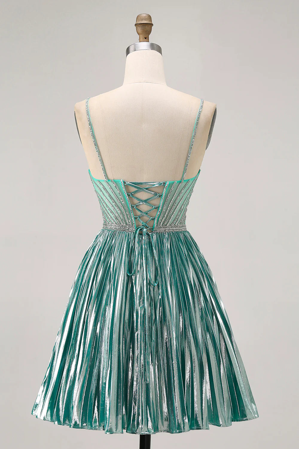Metallic Satin Green Pleated V Neck A Line Spaghetti Straps Sequins Short Homecoming Dress
