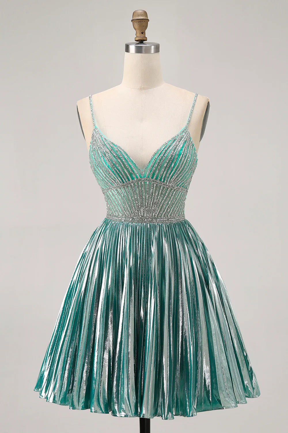 Metallic Satin Green Pleated V Neck A Line Spaghetti Straps Sequins Short Homecoming Dress