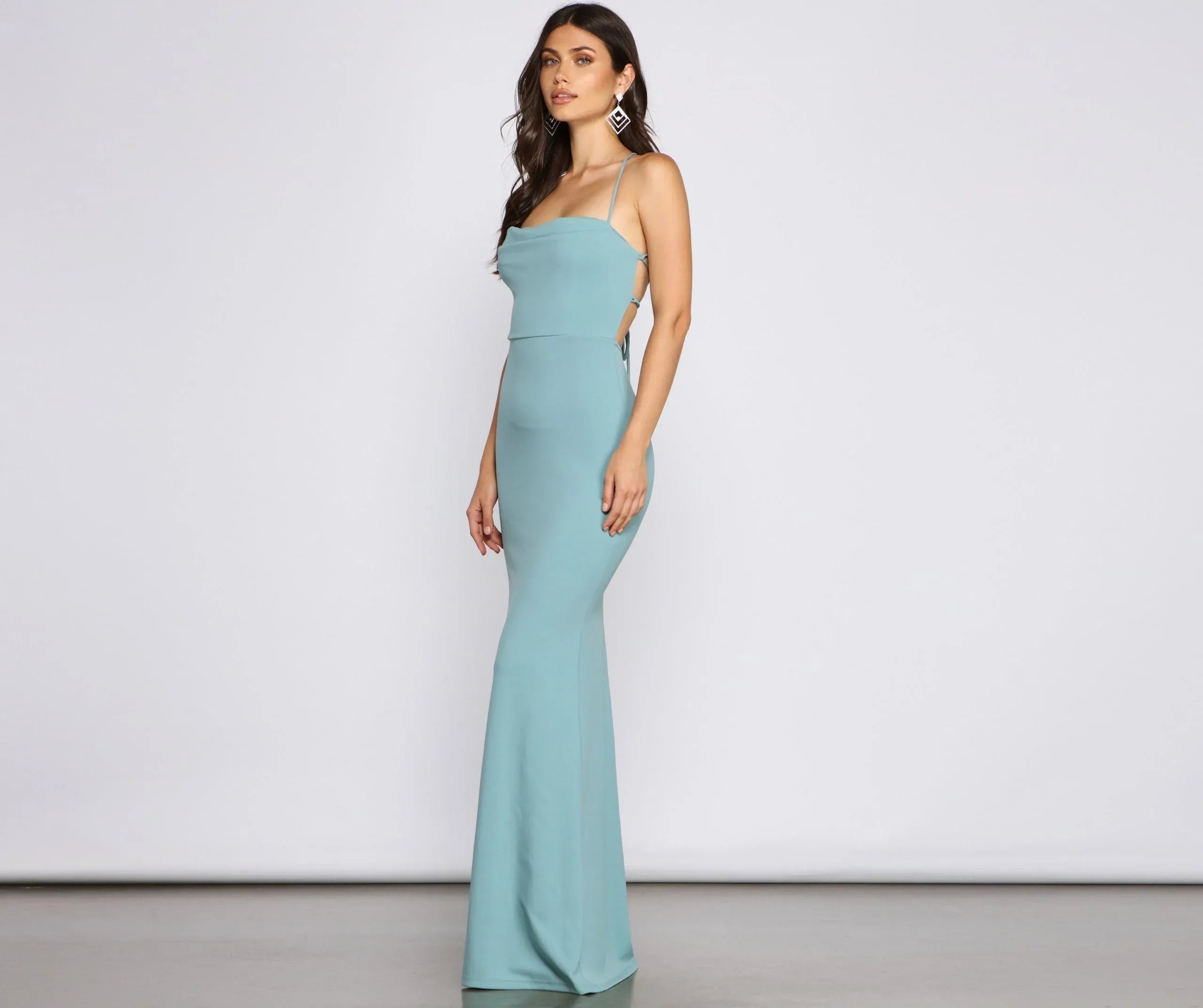 Minimal Mermaid Strappy-Tube Crisscross-Back Sage Long Formal Prom Dress